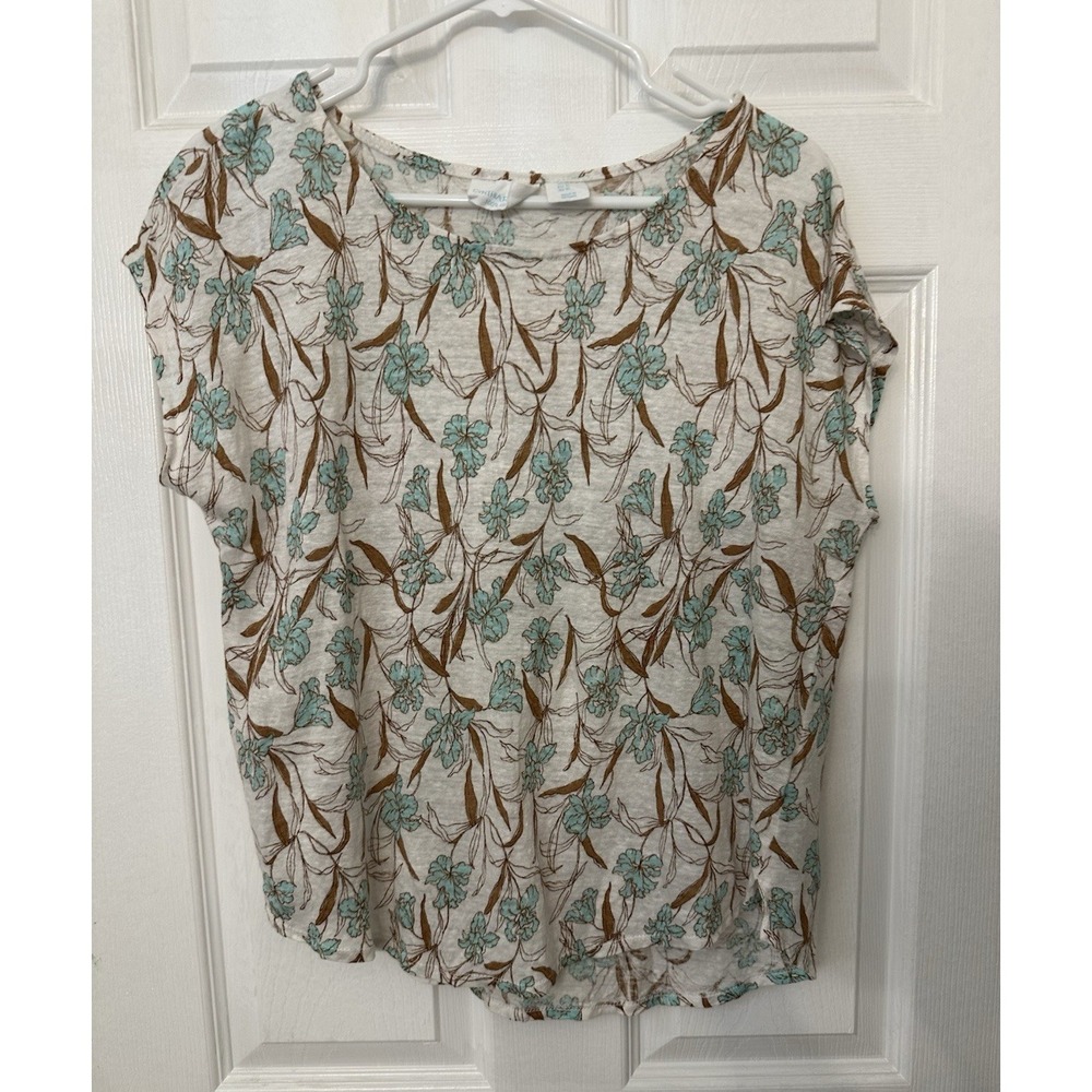Cynthia Rowley Beige Floral 100% Linen Blouse Round Neck Short Sleeve XL